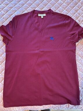 Burberry V-Neck Short Sleeve Tee in Burgundy with Blue Logo